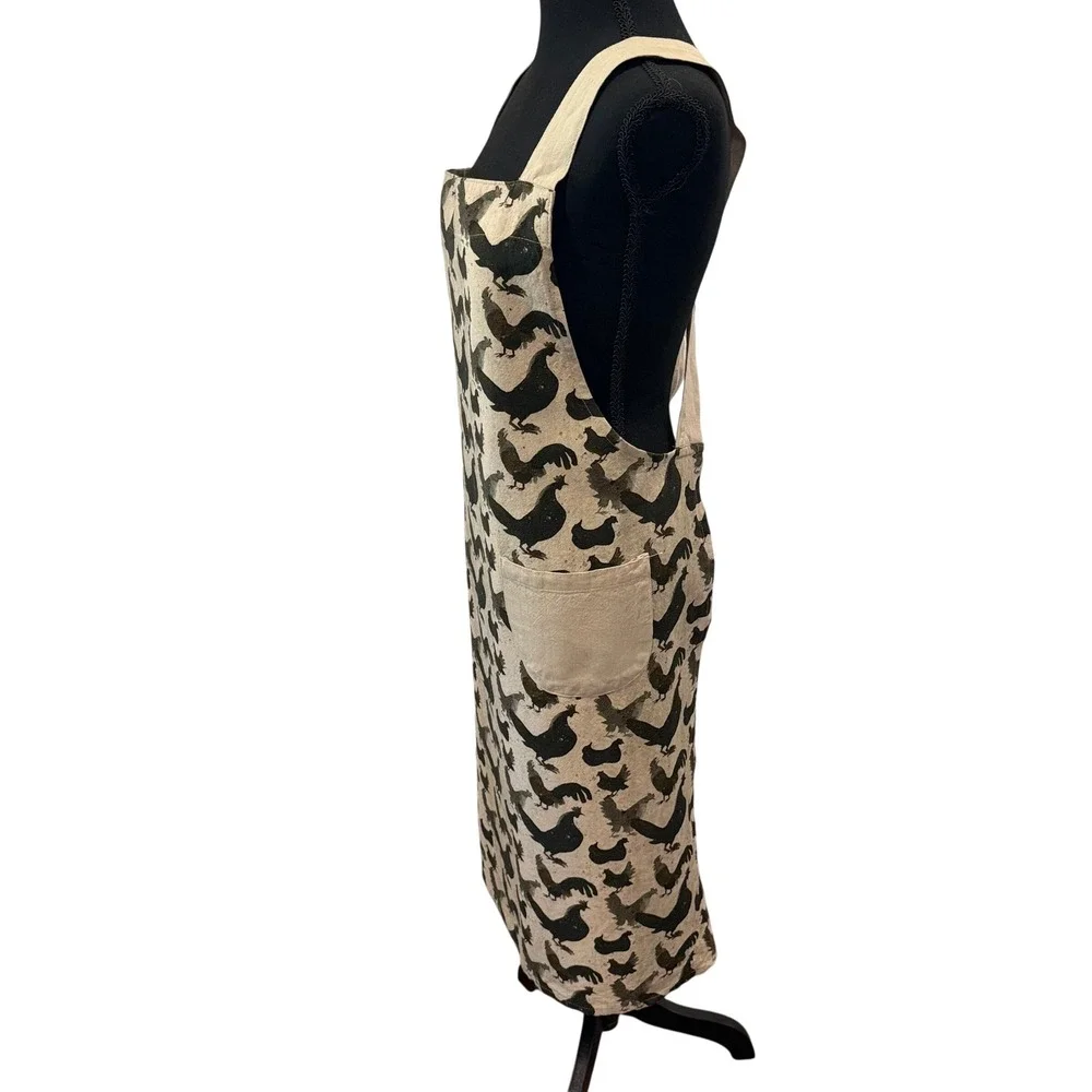 Creative Co-op Cotton Chicken Print Cross Back Pinafore Apron Beige Black